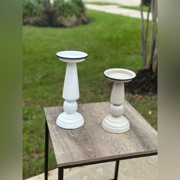 White Enamel Pillar 2 pc Candle Holders with Black Trim - Picture 6 of 8